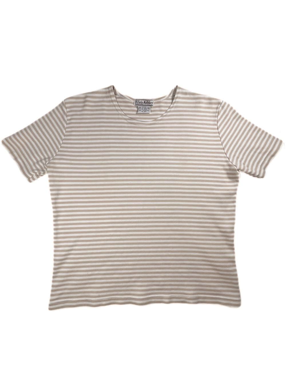 Vintage 90s Minimalist Beige Cream Striped Cotton Tee Womens M Ellen Ashley